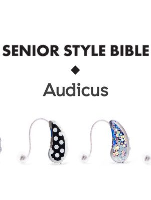 A group of different colored hearing aids with the words senior style bible and audicus.